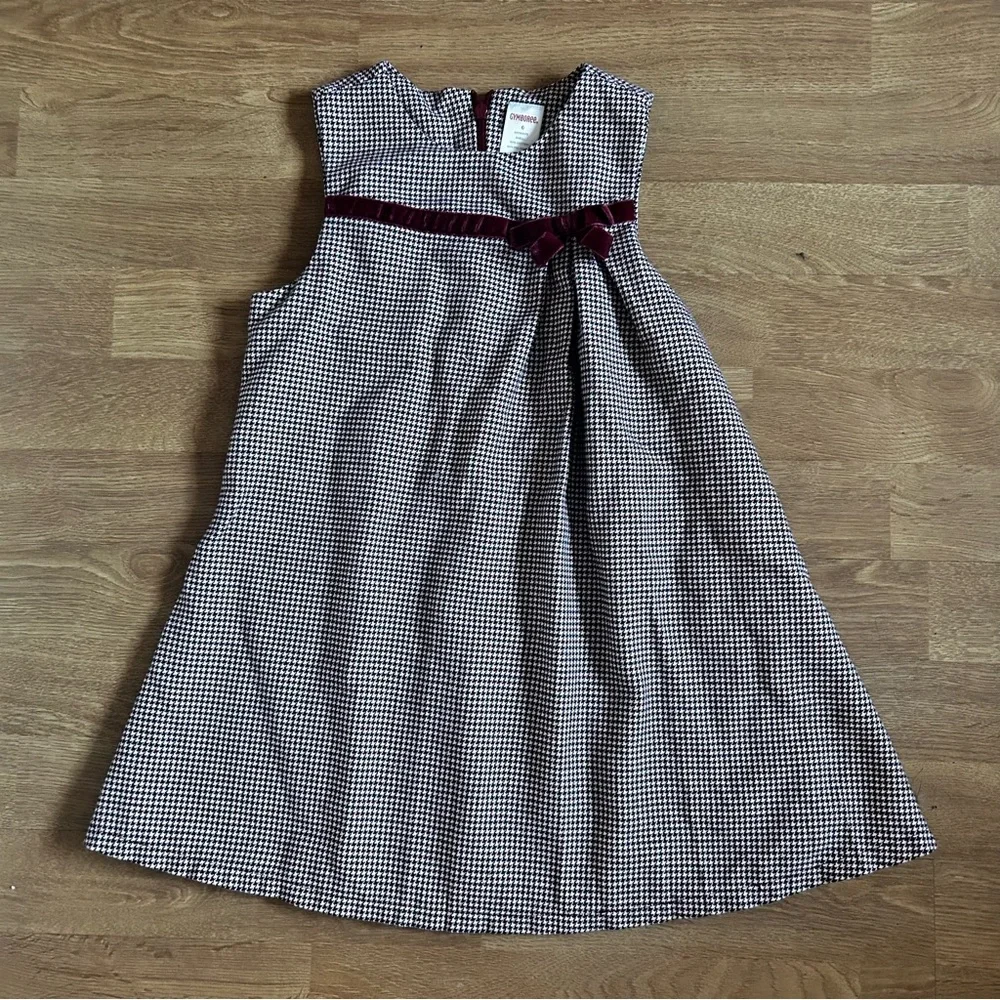 Gymboree burgundy and white Charming Checkered girls Dress with a velvet bowl